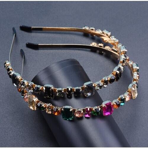 Women GeometrIial Crystal Metal Headbands Vintage Colorful Glass Head Band Lady Thin Hairband Fashion Exquisite Girls Jewelry