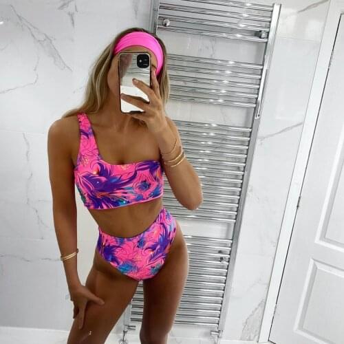 Women Tie-dye Print Bikini high waisted swimsuit one shoulder Lolita floral high waist bikini push up swimwear 2pcs set bikini