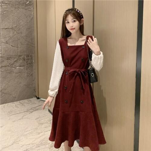 Square Collar Dress Womens Autumn and Winter 2021 New French Retro Waist-Controlled Slimming Long Sleeve Mid-Length Dress
