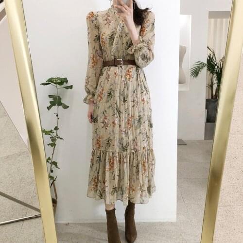 Womens Chiffon Dress 2019 Summer New Casual V-neck Sexy Maxi Dresses Print With Belt Party Dress Vestidos Mujer R258