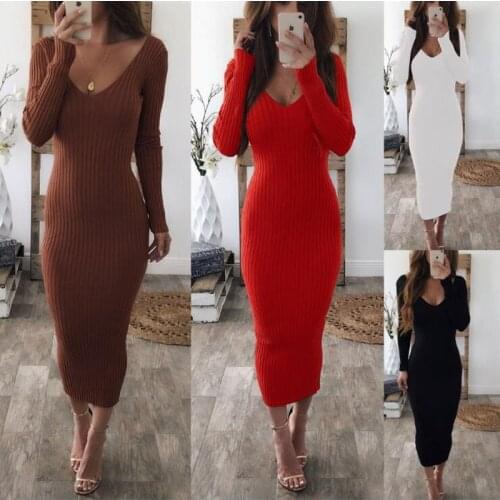 Knitted Sweater Dress Women Fashion Spring Autumn Noodles Elastic Long Sleeve Bodycon Dress Black Red Sexy Midi Winter Dress