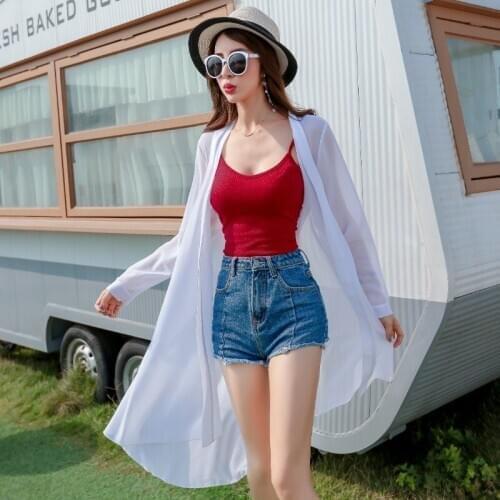 #3566 Chiffon Kimono Jacket Women Long Cardigan Perspective Long Kimono Coats Ladies Sexy Sunscreen Jacket Black White Blue Pink