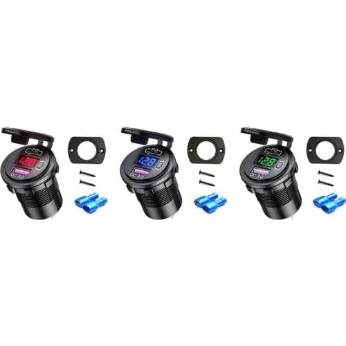 ABS Car Charger P21-B QC 3.0 + PD USB Socket Dual Socket Fireproof LED Voltage Display with Terminal Single Hole Panel