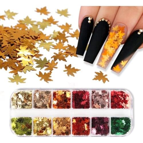 Sparkly 3D Gold Maple Leaf Shape Glitter Flakes Mirror Leaves Nail Sequins For Manicure Xmas Polish Fall Nail Supplies RK140163