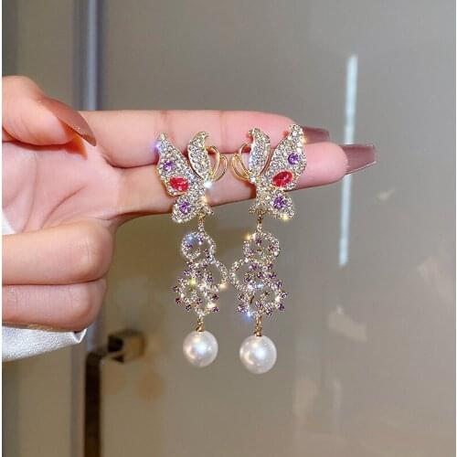 Exaggerate Korean Fashion 2021 New Women Earring Unusual Sweet Butterfly Pearl Tassels Drop Dangle Earrings Pandora 925 Original