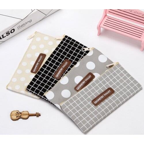 Pencil Case Creative Cute Student Pencil Bag Large Capacity Stationery Bag Simple Small Fresh Lattice Dot Canvas
