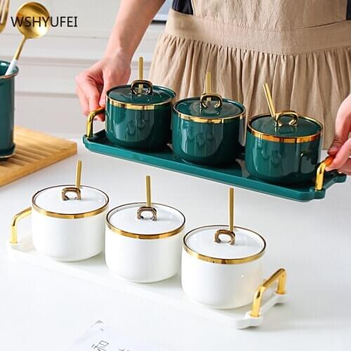 Nordic Luxury Ceramic 3pcs/set Seasoning Rack Spice Pots Storage Container Condiment Jars Cruet with Cover Kitchen Accessories