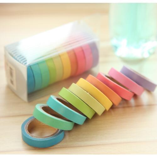10PCS/box Rainbow Solid Color Japanese Masking Washi Sticky Paper Tape Adhesive Printing DIY Scrapbooking Deco Washi Tape Lot