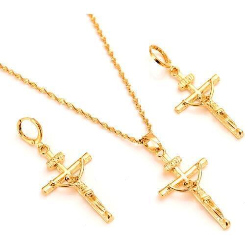 Gold cross Pendant Necklace chain Earrings sets Jewelry Gold Christian jewelry sets for women girl Best Jesus Gifts souvenir