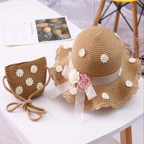 New Summer Children Beach Hats Bags Set Wide Brim Yellow Straw Wide Hat 3-7 old years Childrens Holiday Travel Pink Beach Bags
