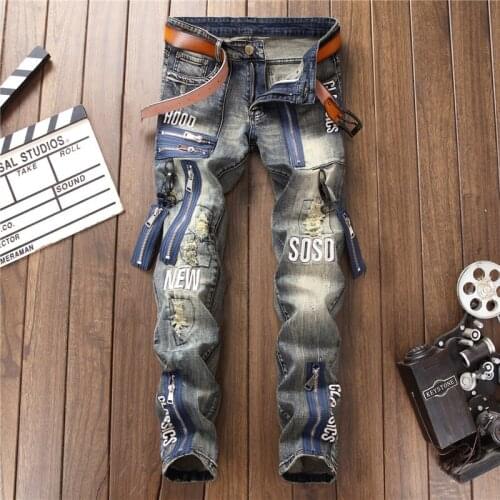 New Fashion Mens Vintage Blue Hole Biker Jeans Pants With Multi Zippers Designer Motorcycle Denim Trousers With Letter Patchs