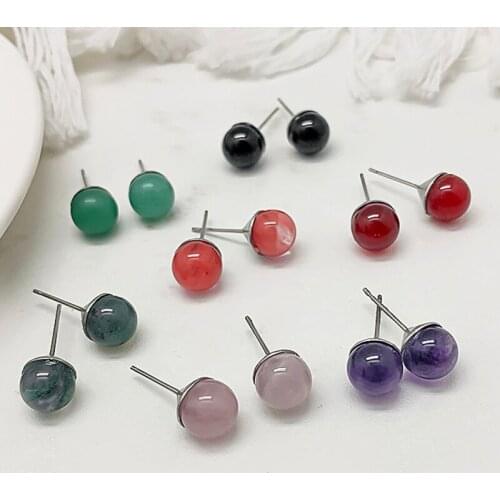New Stainless Steel Earrings Stud Jewelry for Women Girls Cute Round Natural Stone Statement Earring Wedding Party Wholesale