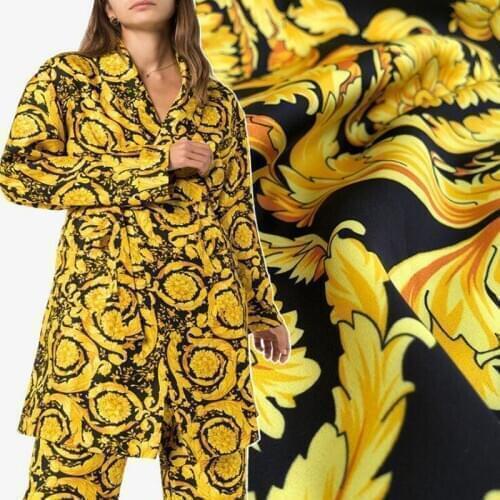 New product printed fabric gold flower direct injection through the bottom process imitation silk stretch satin fabric