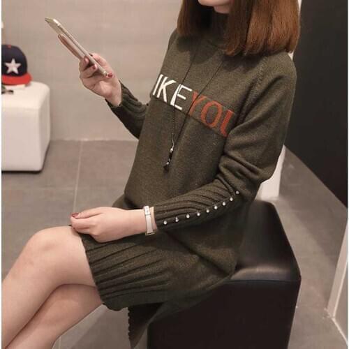 Autumn Winter Long Knit Sweater Pullover Women Half Turtleneck Long-sleeve Bead Loose Plus Size Thicken Jumper Sweaters Female
