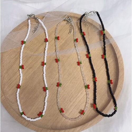 Boho Transparent Beads Cherry Choker Necklaces For Women Girl Cute Fruit Weave Beaded Pendant Necklace Chic Trend Summer Jewelry