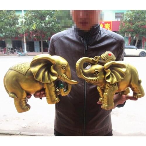 A pair --HOME office SHOP Business ART Money Drawing GOOD LUCK Mascot # India Thailand FU Elephant FENG SHUI Brass statue