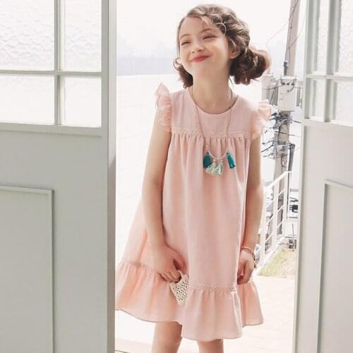 Girls Dress 2021 Summer New Children Ruffle White Cotton Linen Mini Pink Dresses