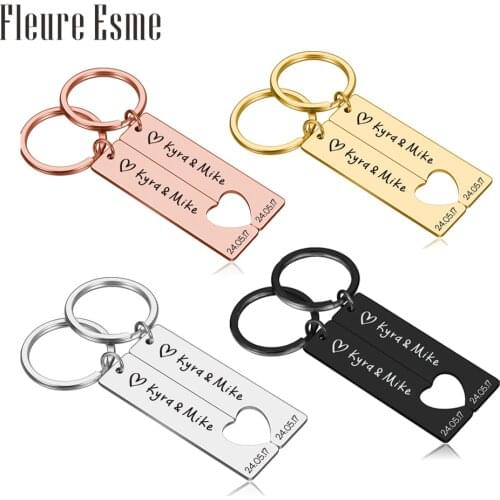 Valentines Day Gift Personalized Heart Keychain Set Engraved Date and Name Love Keyring Gift for Couples Girlfriend Boyfriends