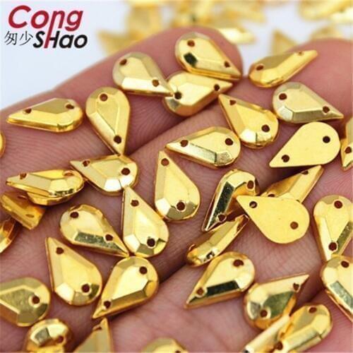 Cong Shao 100Pcs Gold Color Clear AB Drop Acrylic flatback Rhinestone stones and crystals sewing 2 Hole DIY Garment Button WC220