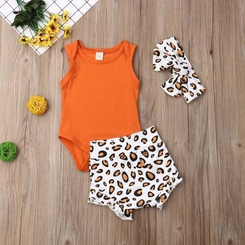 Pudcoco Newborn Baby Girl Clothes Sleeveless Solid Color Romper Tops Leopard Print Short Pants Headband 3Pcs Outfits Clothes