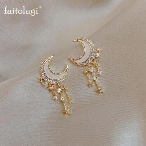 Moon Star Tassel Earrings Shine Rhinestone Crescent Geometric Piercing Stud Earrings For Women Drip Glaze Wedding Jewelry