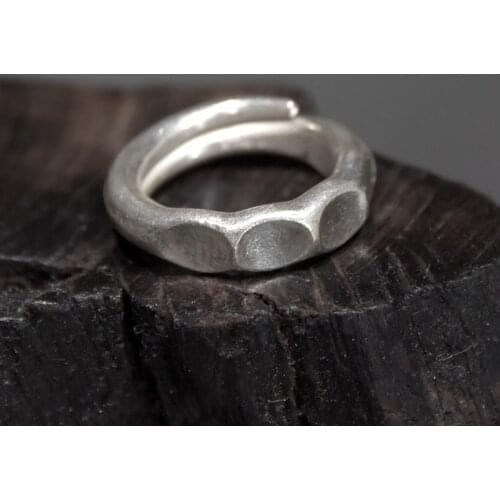 Thai Sliver S925 Handcrafted Wide Ring for Men Women Open Resizable Concave Retro Rustic Finger Accessories Engagement Jewelry