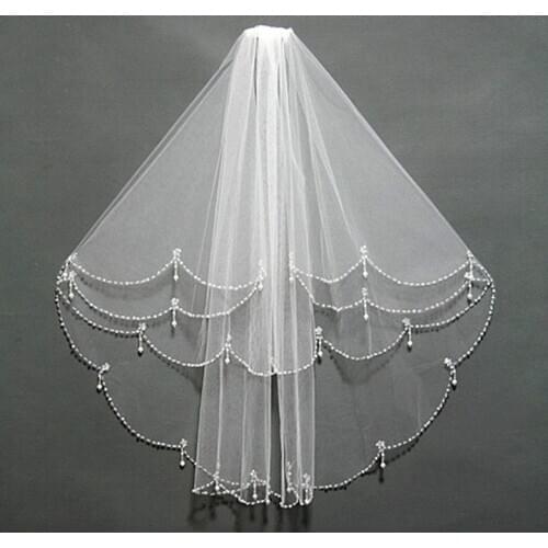 Wedding Tulle Veil White Ivory Charming Dress Double layers Elbow Length Custom Pearle Beading Bridal Gowns