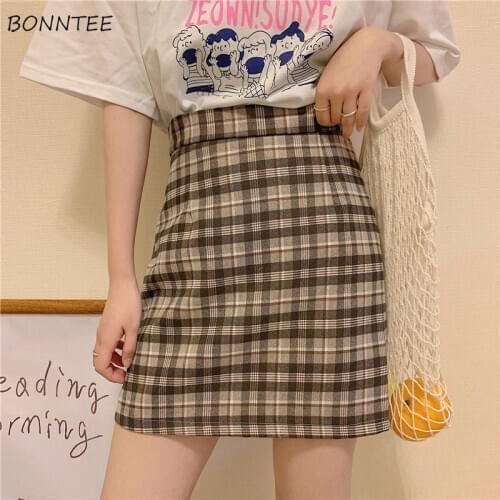 Skirts Women Harajuku Sweet Girls Plaid Mini Simple Students Summer Slim Ulzzang Female Daily Empire A-Line Casual All-match Ins