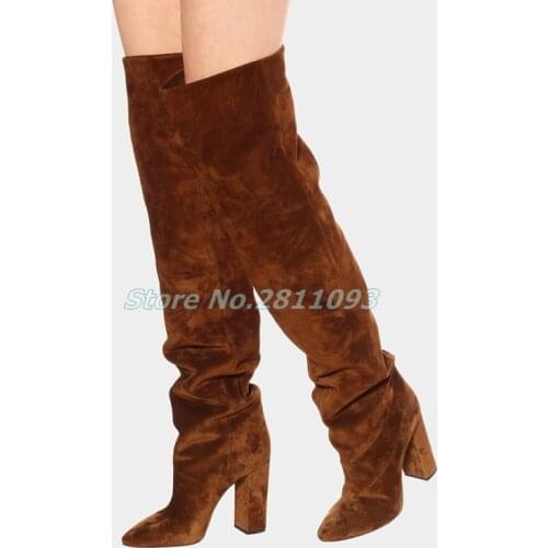 Suede Over The Knee Boots Square High Heel Solid Zipper Winter Women Boots Custom Made Pointed Toe Slouchy Style Boots Runway
