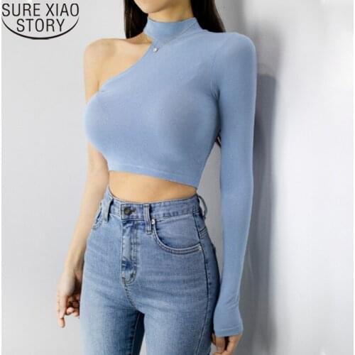 Cotton Long Sleeve Summer Tops for Women Short T-shirt Round Collar Korean Summer Sexy Off Shoulder Tshirt Blusas Tees 16077