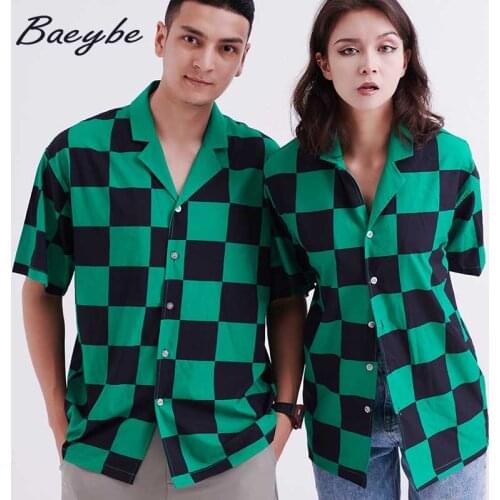 Womens Summer Blouses 2021 Green Plaid Print Shirt Man Casual Hawaiian Shirts Male&Female Homewear Unisex Couple Streetwear
