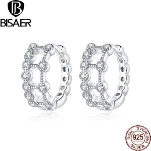 BISAER 925 Sterling Silver Heart to Heart Round Stud Earrings for Women Black CZ Circle Fashion Earrings Jewelry Brincos EFE458