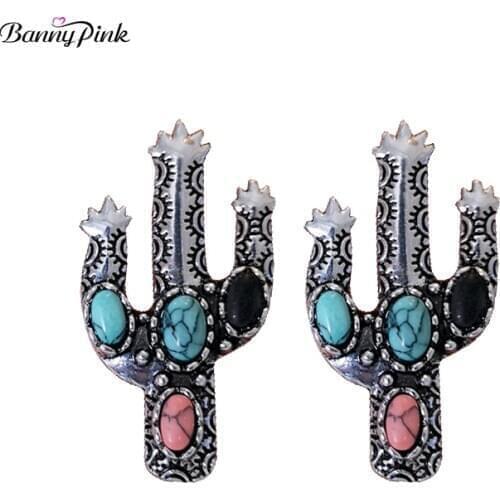 Banny Pink Vintage Metal Cactus Earrings For Women Multi Turquoises Stud Earrings Bohemia Plant Post Earrings New Hope Earrings