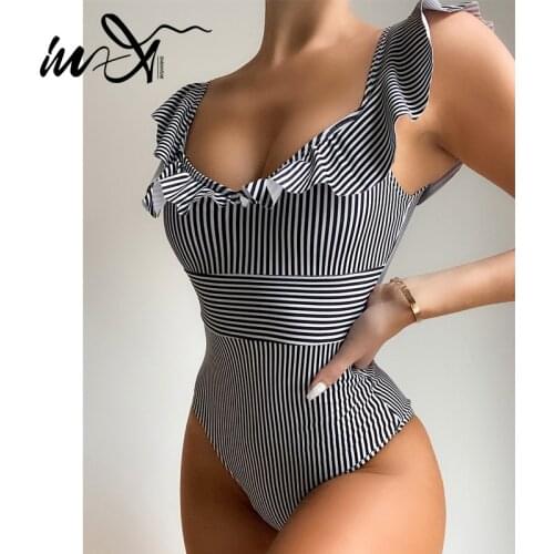 In-X Ruffle swimwear women 2021 Stripe one piece swimsuit womens swimming suit Vintage monokini Sports bathing suit beach wear