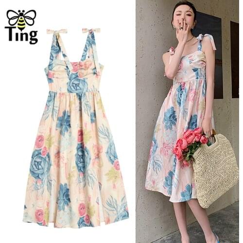 Tingfly Summer Bohemian Floral Printing Casual Strap Dress Women Street Fashion Sundress with Split Boho Vestidos Women Clothes
