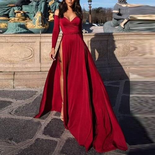 Womens Off Shoulder Maix Dress Elegant Long Sleeve Side High Split Female Sexy Red Dresses Nice Ladies Fashion Formal Vestidos