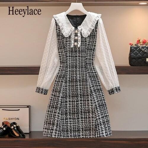 Plus Size Women Luxury Tweed Dress Autumn 2020 Peter Pan Collar Pearl Buttons Jacquard Chiffon Long Sleeve Sweet korean Dresses
