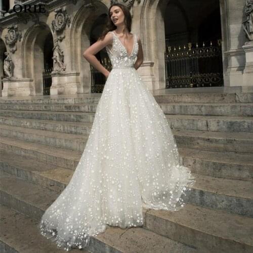 LORIE A Line Boho Wedding Dresses Stars Tulle Sexy Bridal Wedding Gown Deep V Neck s Vestidos de novia Custom Made