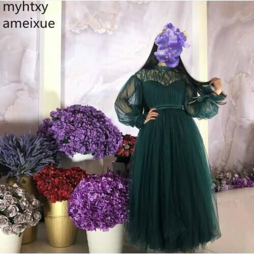 2020 New Arrival Long Sleeve Plus Size Custom Evening Dresses Dubai Muslim Dress Green Formal Robe De Soiree Gowns Event Dress