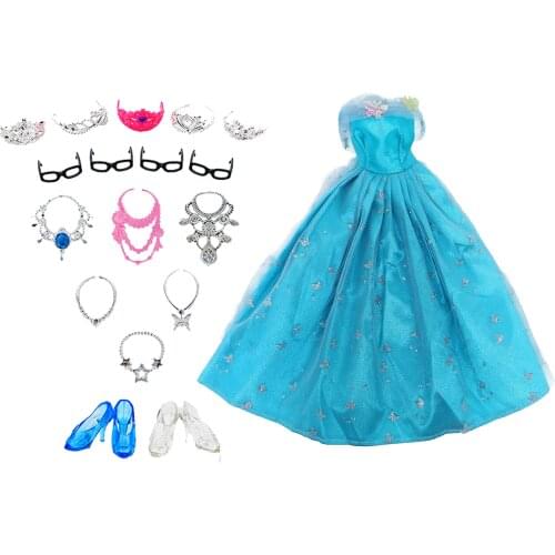 14 pcs/Lot Gift Set = 1x Princess Dress + 13x Accessories Crown Necklace Shoes Dancing Party Wear Clothes for Barbie Doll Toy