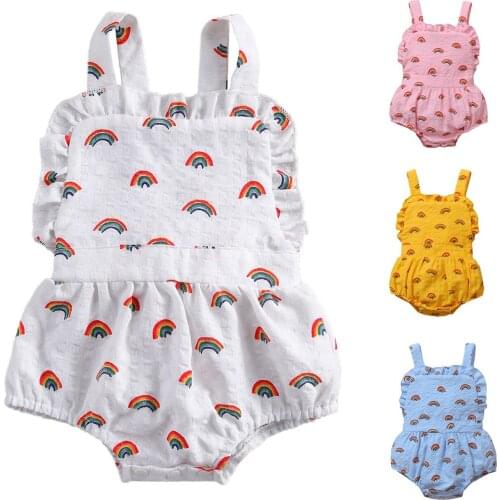4 Colors Newborn Baby Girls Boys Bodysuits Rainbow Printed Ruffles Strapless Sleeveless Backless Jumpsuits