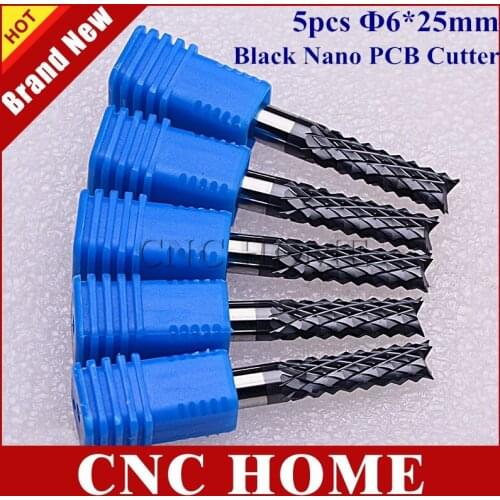 5pcs 6x25mm Import tungsten carbide end mill black nano coating milling cutter pcb cnc router bits for circuit board copper gold