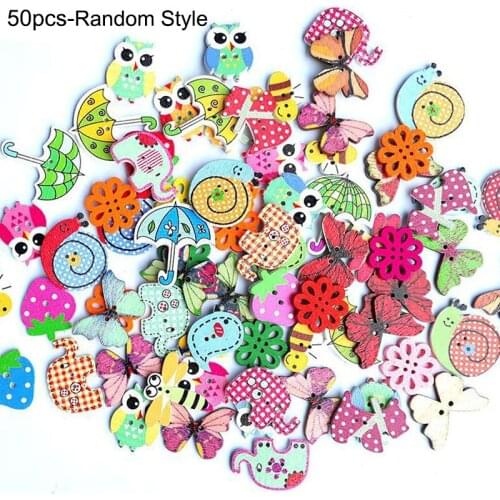 50pcs Mixed Cartoon Buttons Wooden Sewing Animal Butterfly Rabbit Owl DIY Scrapbooking Button