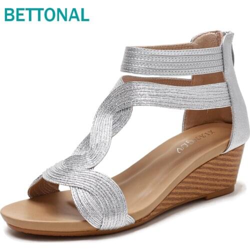 BETTONAL 2021 Gold silver shoes women sandals wedge roman fashion summer ladies sandles party gladiator elegant female sandalias