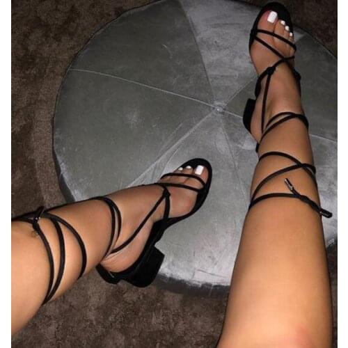Carpaton Fashion Thick Heels Woman Sandal 2019 Summer Sexy Open Toe Lace-up Shoes Cutouts Gladiator Sandal Party Dress Heels