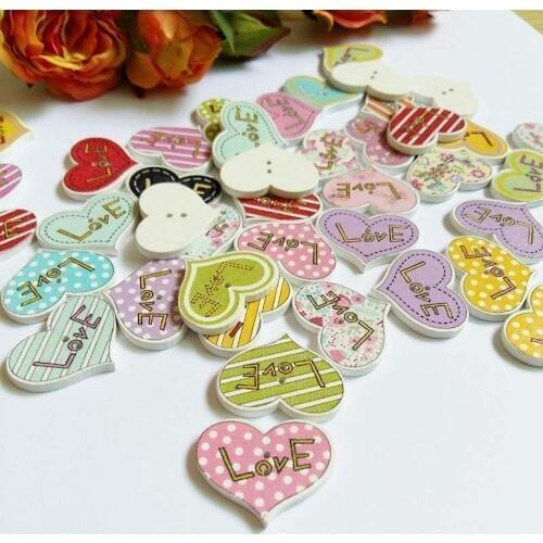 50Pcs/lot Sewing Scrapbooking love Multicolor Stripe Dot Heart Botones 2 Holes Mixed Color Fabrics Wooden Printing Buttons
