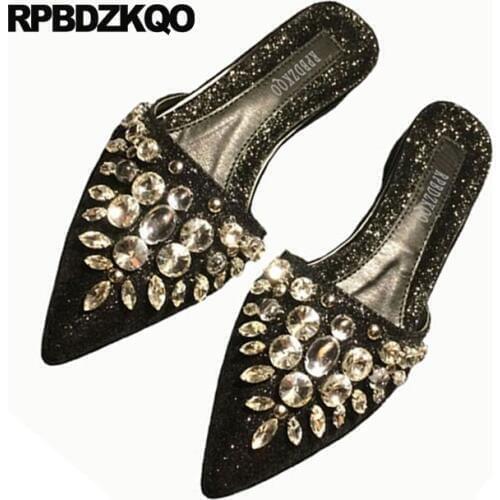 Slippers Sandals Rhinestone Gold Crystal Glitter Black Women Ladies Beautiful Flats Shoes Mules Sequin Large Size Pointed Toe