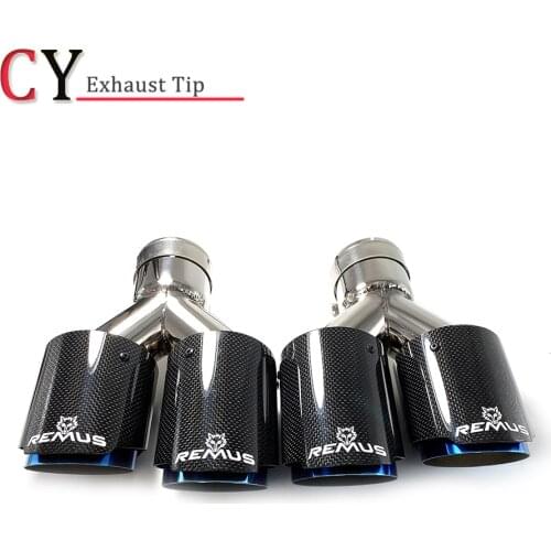 1Pair Dual Glossy Carbon Fiber Stainless Steel Burnt Blue Universal Auto Exhaust Tip Double End Pipe With Remus Logo
