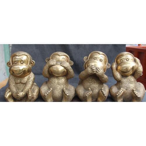 Chinese Bronze Four Monkey Monkeys No Listen No See No Say No Do Set Statue