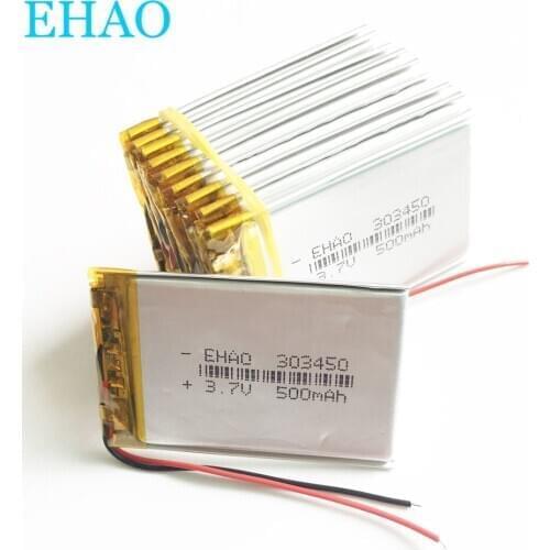 10 pcs 3.7V 500mAh Lithium Polymer LiPo Rechargeable Battery 303450 For GPS Vedio Game DVD bluetooth smart watch
